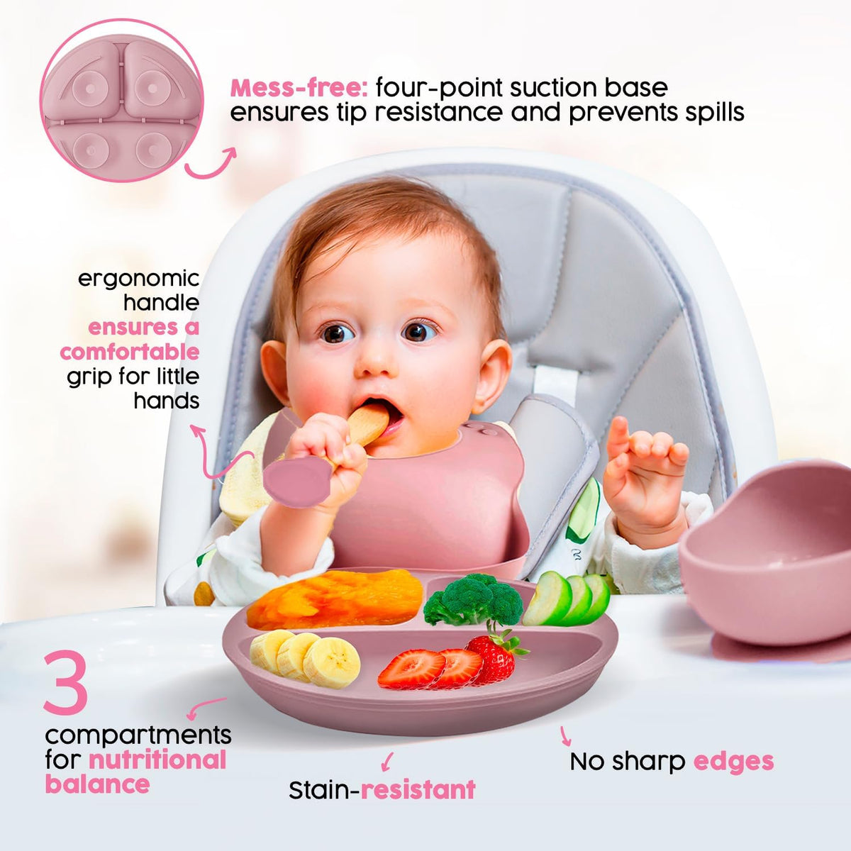 2025 Silicone Baby Feeding Set - All in One: Spoon, Fork, Suction Bowl, Divided Suction Plate, Sippy Cup, Silicone Bib and Travel Bib - 6+ Month, Toddler & Baby - BPA Free, Blue