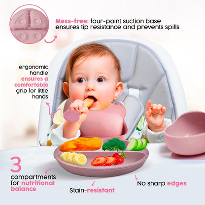 2025 Silicone Baby Feeding Set - All in One: Spoon, Fork, Suction Bowl, Divided Suction Plate, Sippy Cup, Silicone Bib and Travel Bib - 6+ Month, Toddler & Baby - BPA Free, Blue