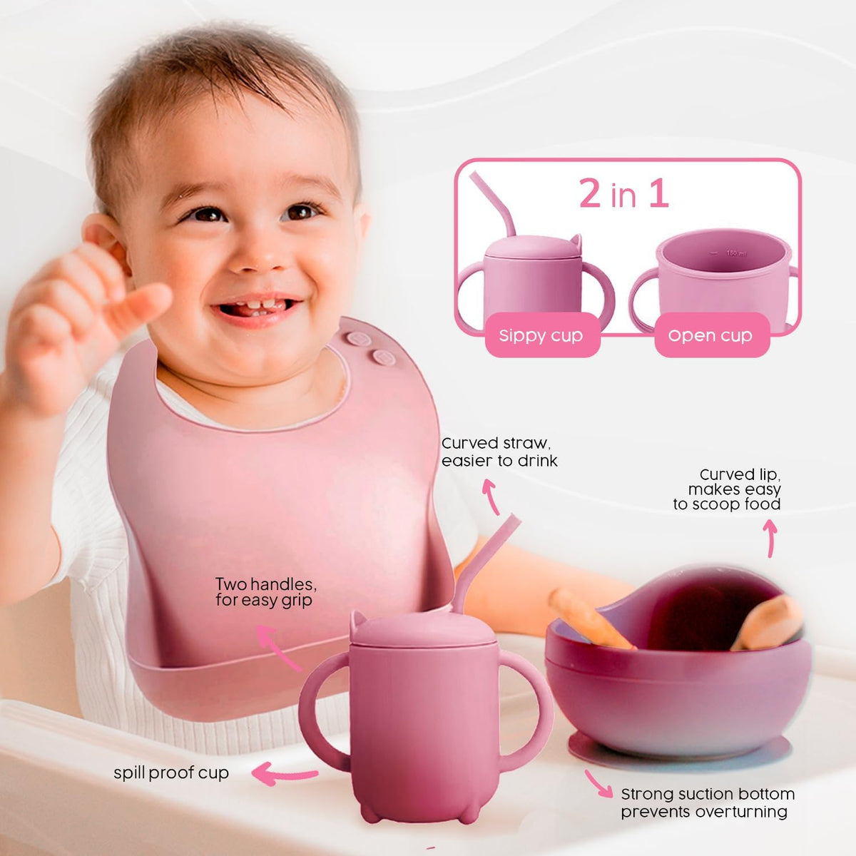 2025 Silicone Baby Feeding Set - All in One: Spoon, Fork, Suction Bowl, Divided Suction Plate, Sippy Cup, Silicone Bib and Travel Bib - 6+ Month, Toddler & Baby - BPA Free, Blue