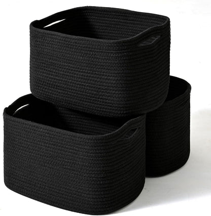 Storage Baskets for Organizing Shelves, Woven Cotton Rope Bins for Baby Nursery Organization, Book Toy Towel Organizer, 15"x11"x9.5", 3 Packs, Dark Brown