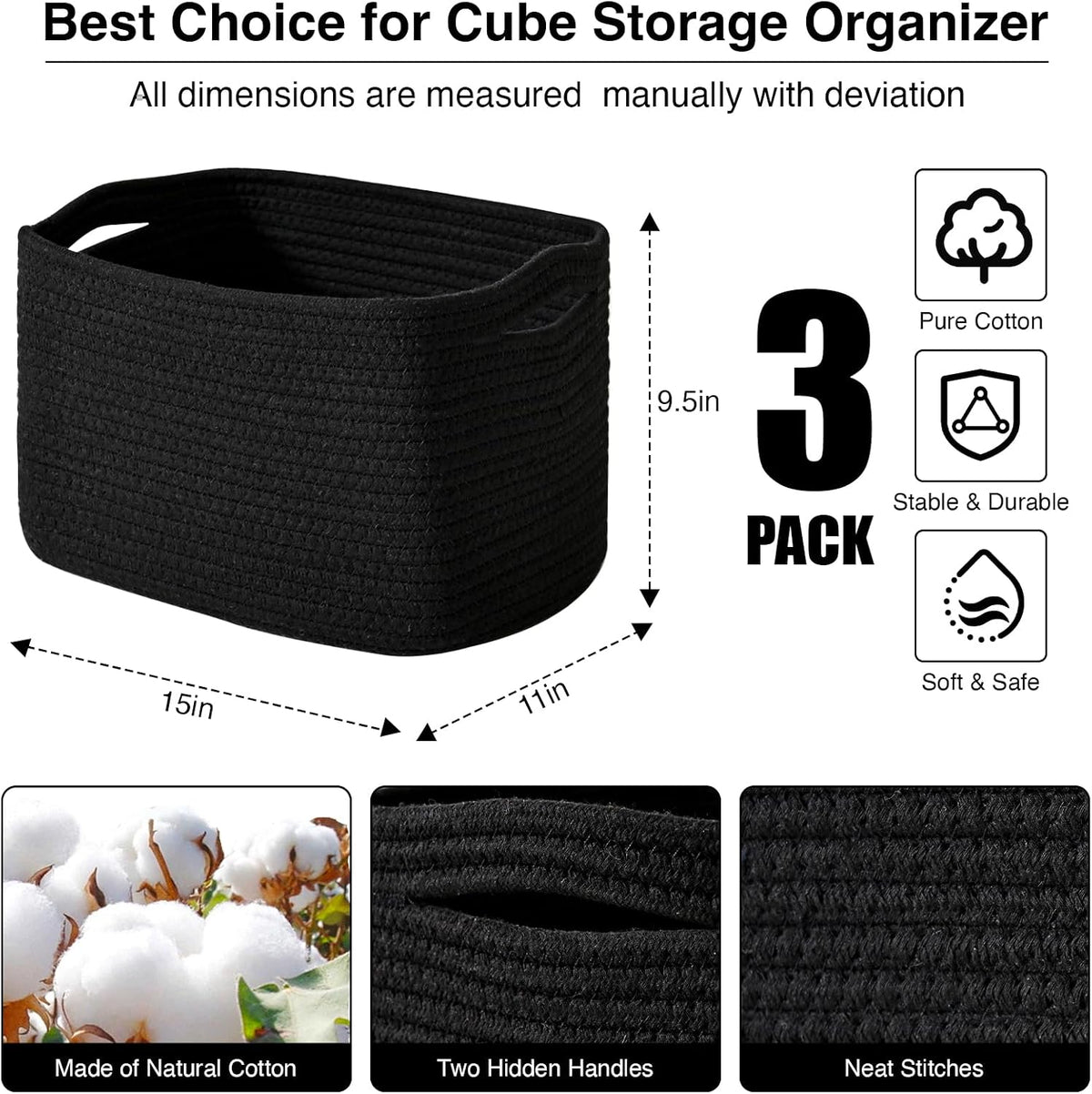 Storage Baskets for Organizing Shelves, Woven Cotton Rope Bins for Baby Nursery Organization, Book Toy Towel Organizer, 15"x11"x9.5", 3 Packs, Dark Brown