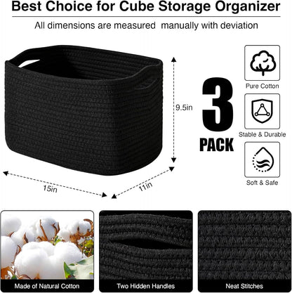 Storage Baskets for Organizing Shelves, Woven Cotton Rope Bins for Baby Nursery Organization, Book Toy Towel Organizer, 15"x11"x9.5", 3 Packs, Dark Brown
