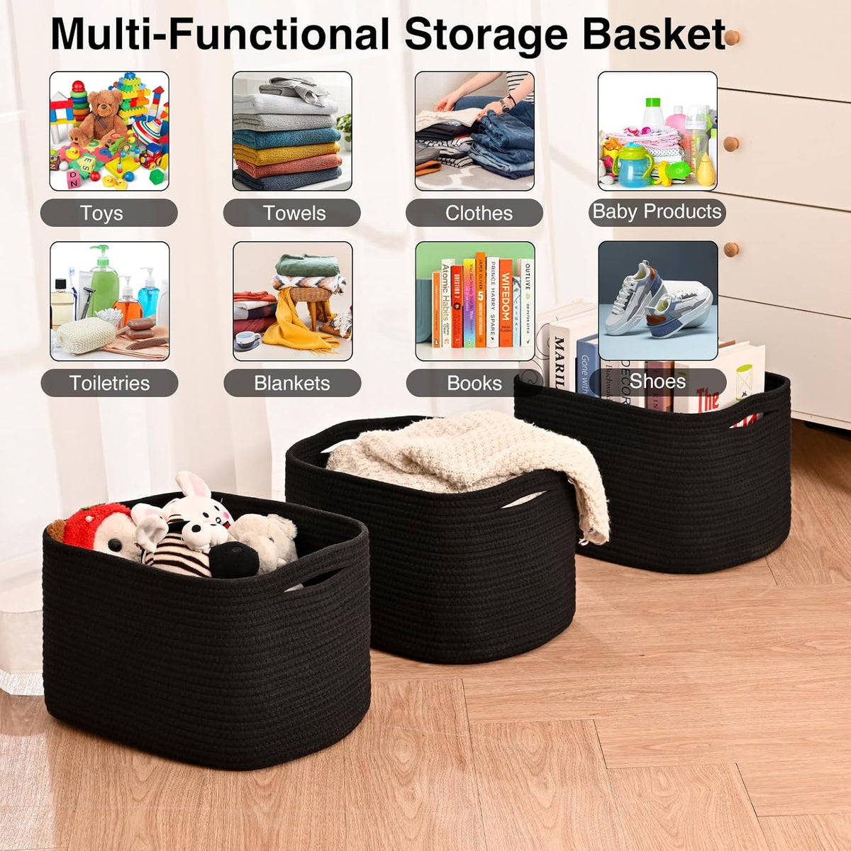 Storage Baskets for Organizing Shelves, Woven Cotton Rope Bins for Baby Nursery Organization, Book Toy Towel Organizer, 15"x11"x9.5", 3 Packs, Dark Brown