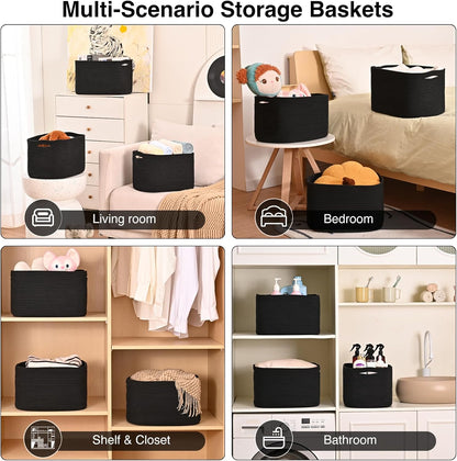Storage Baskets for Organizing Shelves, Woven Cotton Rope Bins for Baby Nursery Organization, Book Toy Towel Organizer, 15"x11"x9.5", 3 Packs, Dark Brown