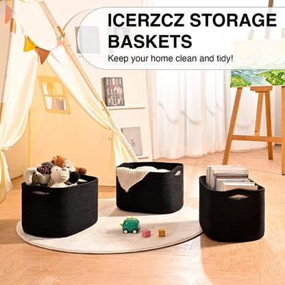 Storage Baskets for Organizing Shelves, Woven Cotton Rope Bins for Baby Nursery Organization, Book Toy Towel Organizer, 15"x11"x9.5", 3 Packs, Dark Brown
