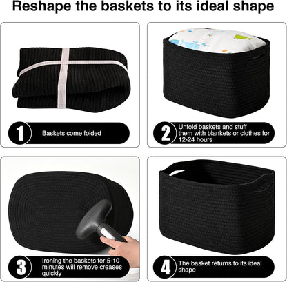 Storage Baskets for Organizing Shelves, Woven Cotton Rope Bins for Baby Nursery Organization, Book Toy Towel Organizer, 15"x11"x9.5", 3 Packs, Dark Brown