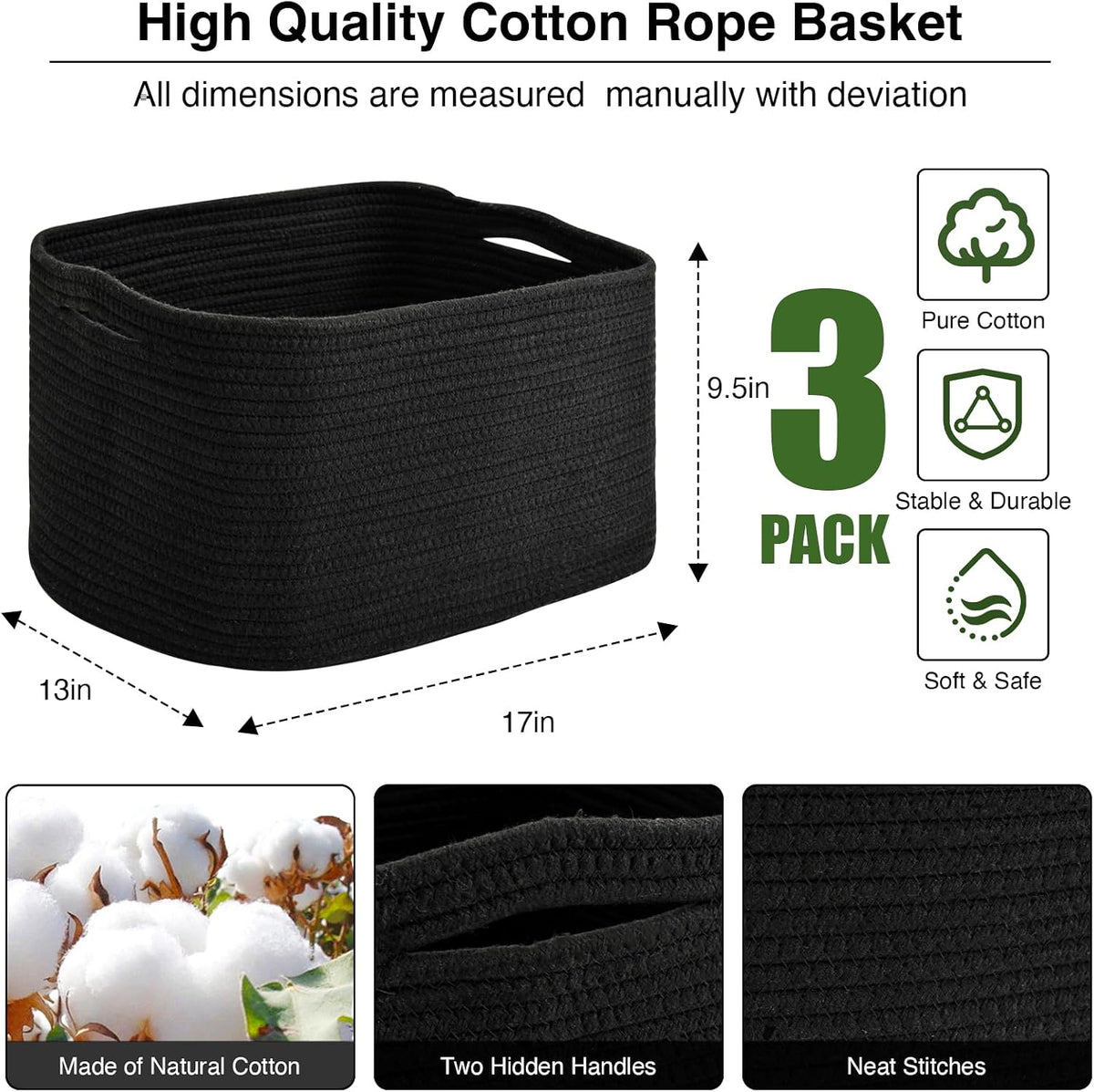 Storage Baskets for Organizing Shelves, Woven Cotton Rope Bins for Baby Nursery Organization, Book Toy Towel Organizer, 15"x11"x9.5", 3 Packs, Dark Brown