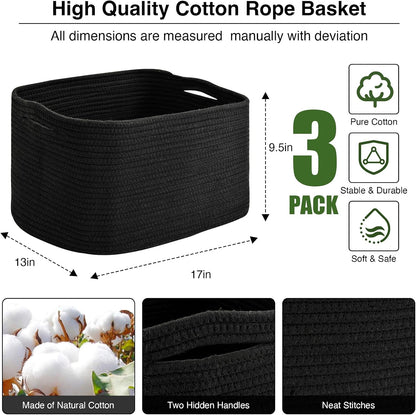 Storage Baskets for Organizing Shelves, Woven Cotton Rope Bins for Baby Nursery Organization, Book Toy Towel Organizer, 15"x11"x9.5", 3 Packs, Dark Brown