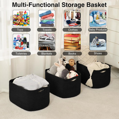 Storage Baskets for Organizing Shelves, Woven Cotton Rope Bins for Baby Nursery Organization, Book Toy Towel Organizer, 15"x11"x9.5", 3 Packs, Dark Brown