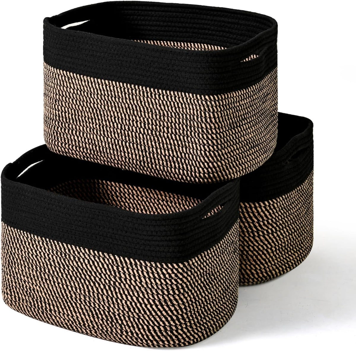 Storage Baskets for Organizing Shelves, Woven Cotton Rope Bins for Baby Nursery Organization, Book Toy Towel Organizer, 15"x11"x9.5", 3 Packs, Dark Brown