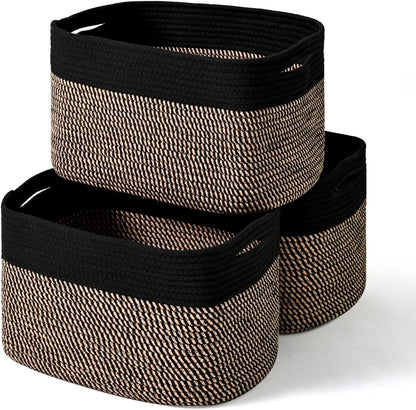 Storage Baskets for Organizing Shelves, Woven Cotton Rope Bins for Baby Nursery Organization, Book Toy Towel Organizer, 15"x11"x9.5", 3 Packs, Dark Brown