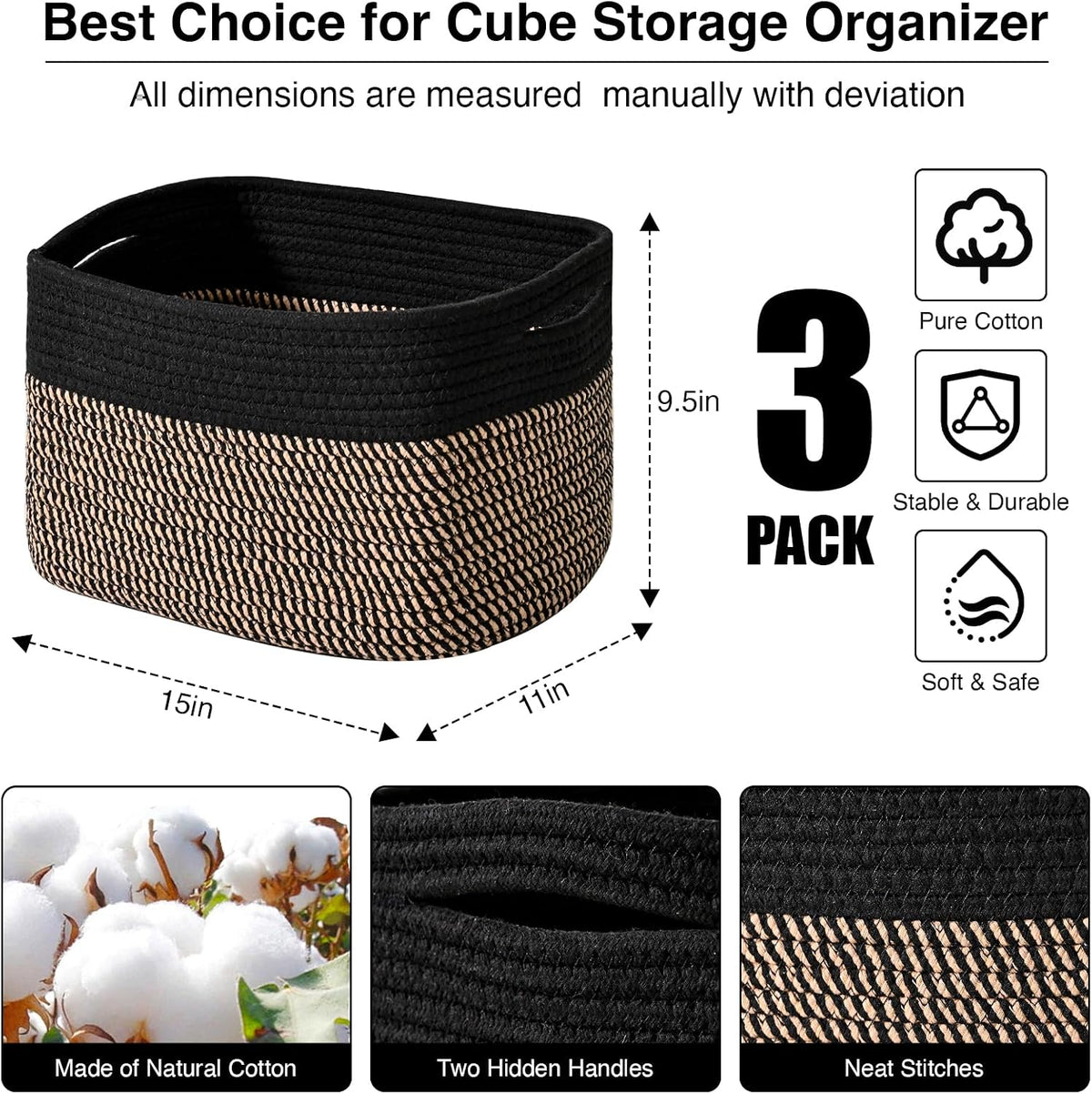 Storage Baskets for Organizing Shelves, Woven Cotton Rope Bins for Baby Nursery Organization, Book Toy Towel Organizer, 15"x11"x9.5", 3 Packs, Dark Brown