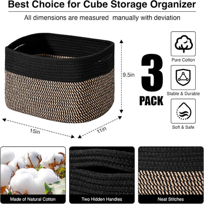 Storage Baskets for Organizing Shelves, Woven Cotton Rope Bins for Baby Nursery Organization, Book Toy Towel Organizer, 15"x11"x9.5", 3 Packs, Dark Brown