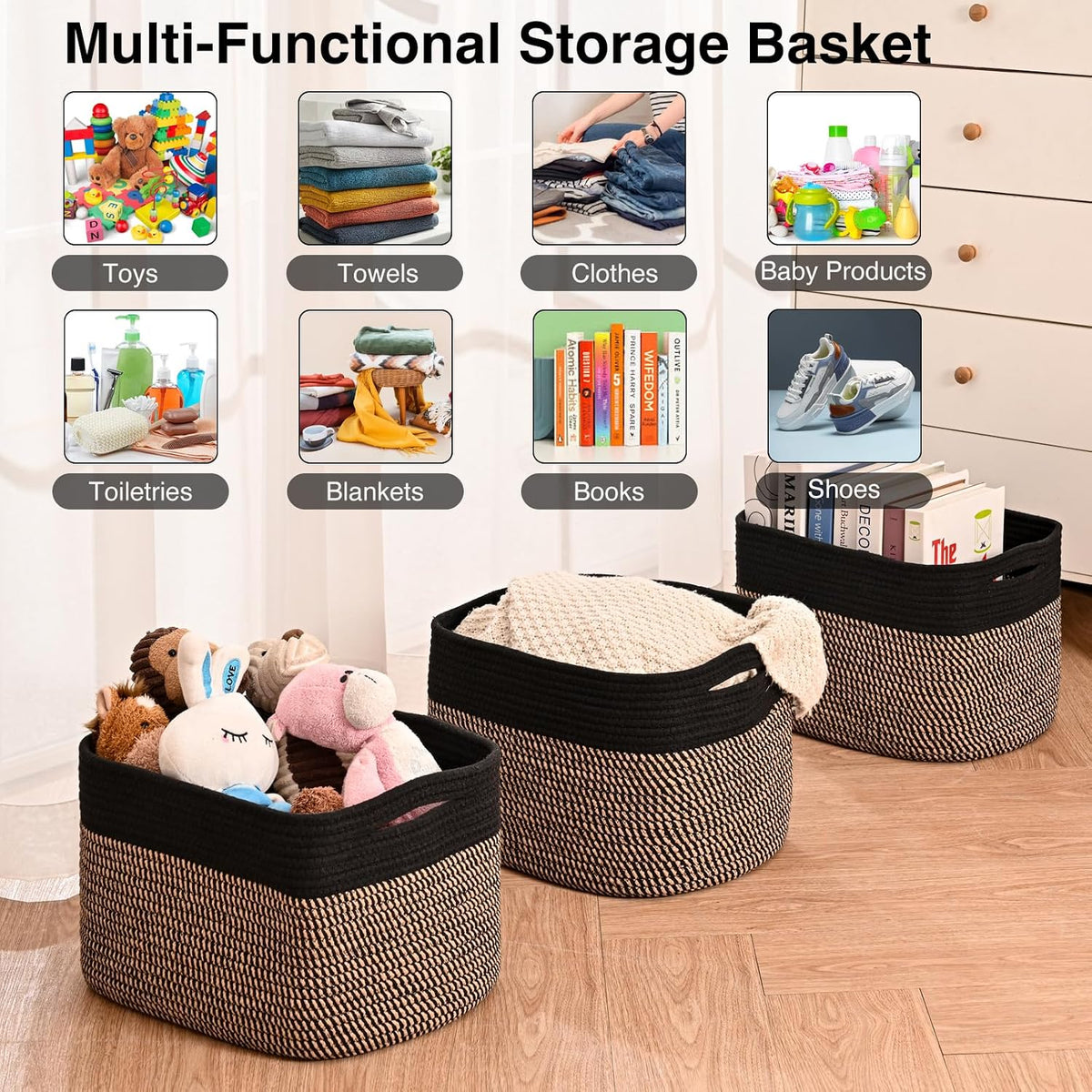 Storage Baskets for Organizing Shelves, Woven Cotton Rope Bins for Baby Nursery Organization, Book Toy Towel Organizer, 15"x11"x9.5", 3 Packs, Dark Brown