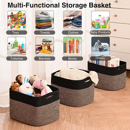 Storage Baskets for Organizing Shelves, Woven Cotton Rope Bins for Baby Nursery Organization, Book Toy Towel Organizer, 15"x11"x9.5", 3 Packs, Dark Brown