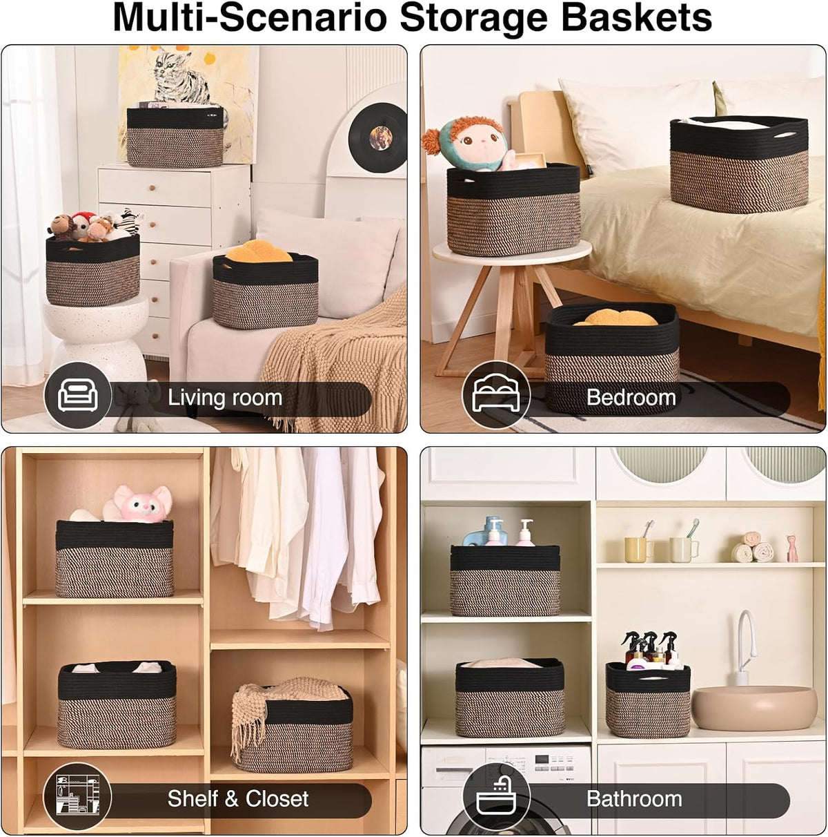 Storage Baskets for Organizing Shelves, Woven Cotton Rope Bins for Baby Nursery Organization, Book Toy Towel Organizer, 15"x11"x9.5", 3 Packs, Dark Brown