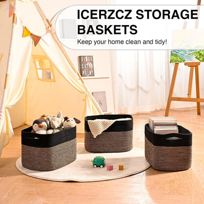 Storage Baskets for Organizing Shelves, Woven Cotton Rope Bins for Baby Nursery Organization, Book Toy Towel Organizer, 15"x11"x9.5", 3 Packs, Dark Brown