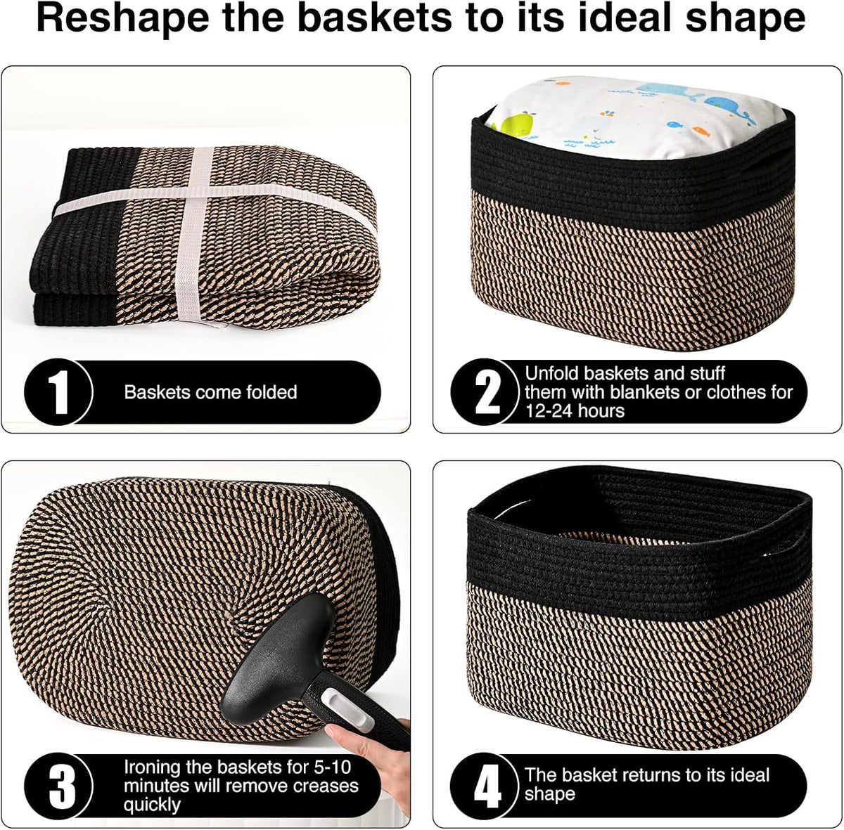 Storage Baskets for Organizing Shelves, Woven Cotton Rope Bins for Baby Nursery Organization, Book Toy Towel Organizer, 15"x11"x9.5", 3 Packs, Dark Brown