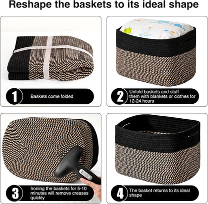 Storage Baskets for Organizing Shelves, Woven Cotton Rope Bins for Baby Nursery Organization, Book Toy Towel Organizer, 15"x11"x9.5", 3 Packs, Dark Brown