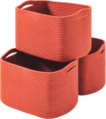 Storage Baskets for Organizing Shelves, Woven Cotton Rope Bins for Baby Nursery Organization, Book Toy Towel Organizer, 15"x11"x9.5", 3 Packs, Dark Brown