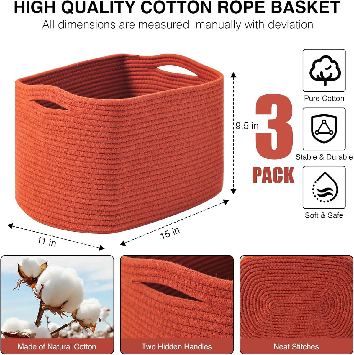 Storage Baskets for Organizing Shelves, Woven Cotton Rope Bins for Baby Nursery Organization, Book Toy Towel Organizer, 15"x11"x9.5", 3 Packs, Dark Brown