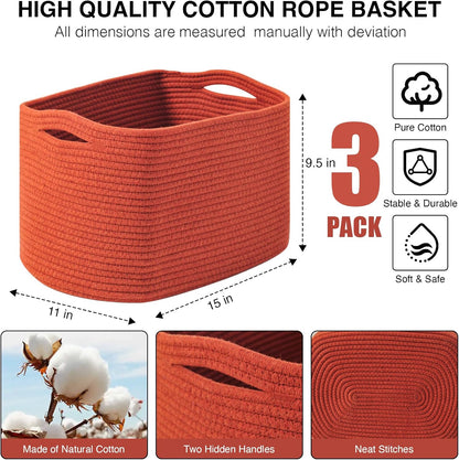 Storage Baskets for Organizing Shelves, Woven Cotton Rope Bins for Baby Nursery Organization, Book Toy Towel Organizer, 15"x11"x9.5", 3 Packs, Dark Brown