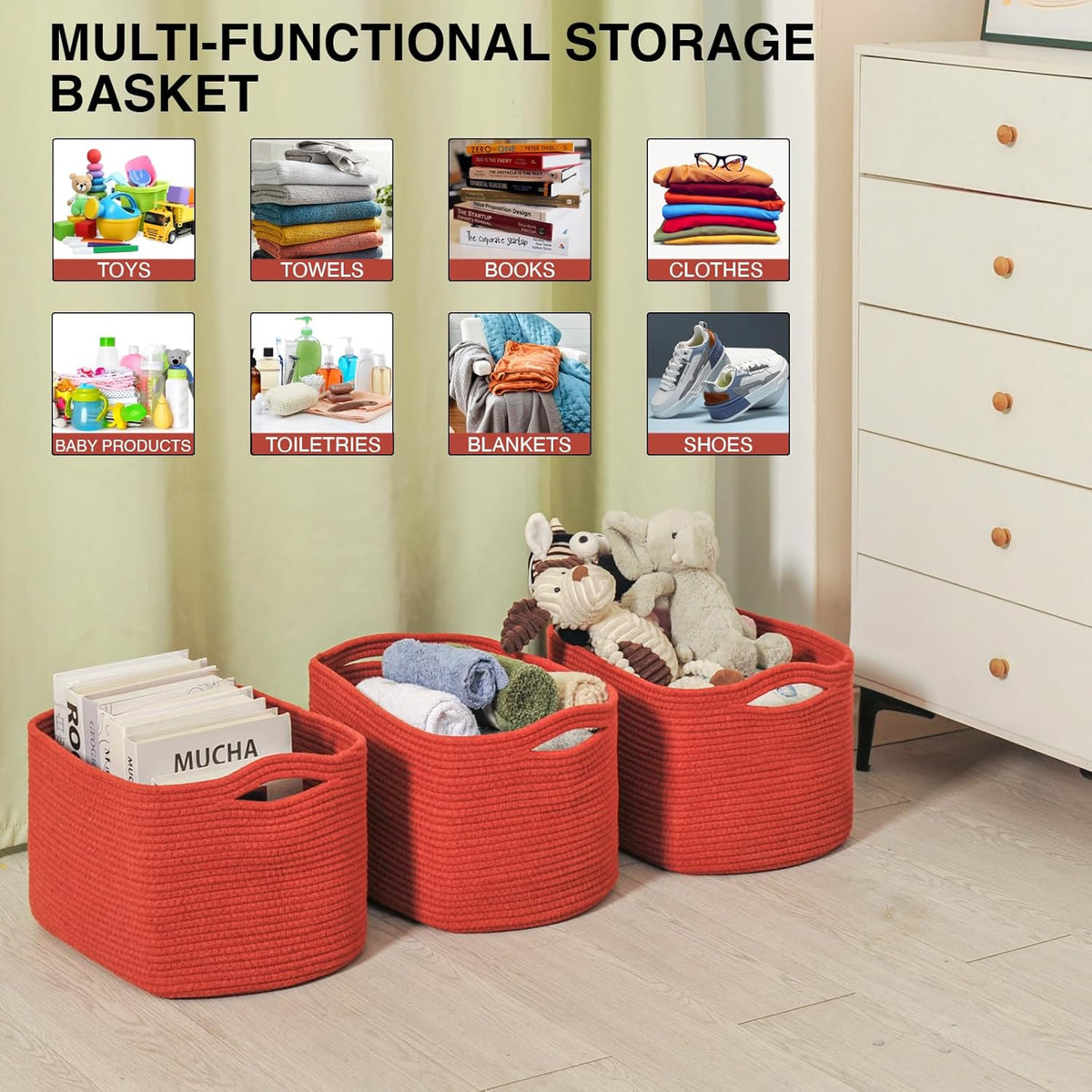 Storage Baskets for Organizing Shelves, Woven Cotton Rope Bins for Baby Nursery Organization, Book Toy Towel Organizer, 15"x11"x9.5", 3 Packs, Dark Brown