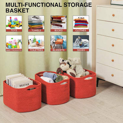 Storage Baskets for Organizing Shelves, Woven Cotton Rope Bins for Baby Nursery Organization, Book Toy Towel Organizer, 15"x11"x9.5", 3 Packs, Dark Brown