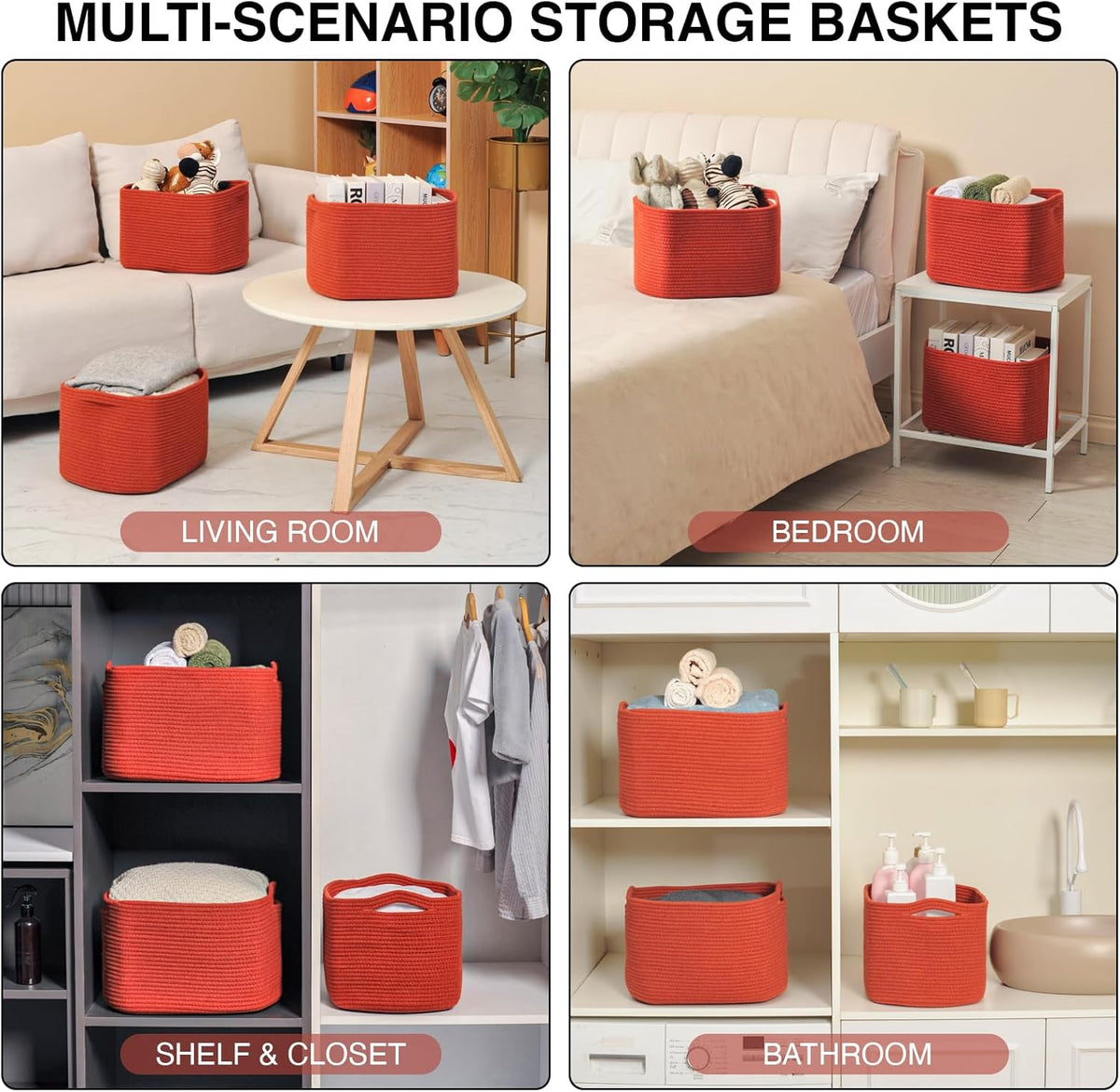 Storage Baskets for Organizing Shelves, Woven Cotton Rope Bins for Baby Nursery Organization, Book Toy Towel Organizer, 15"x11"x9.5", 3 Packs, Dark Brown