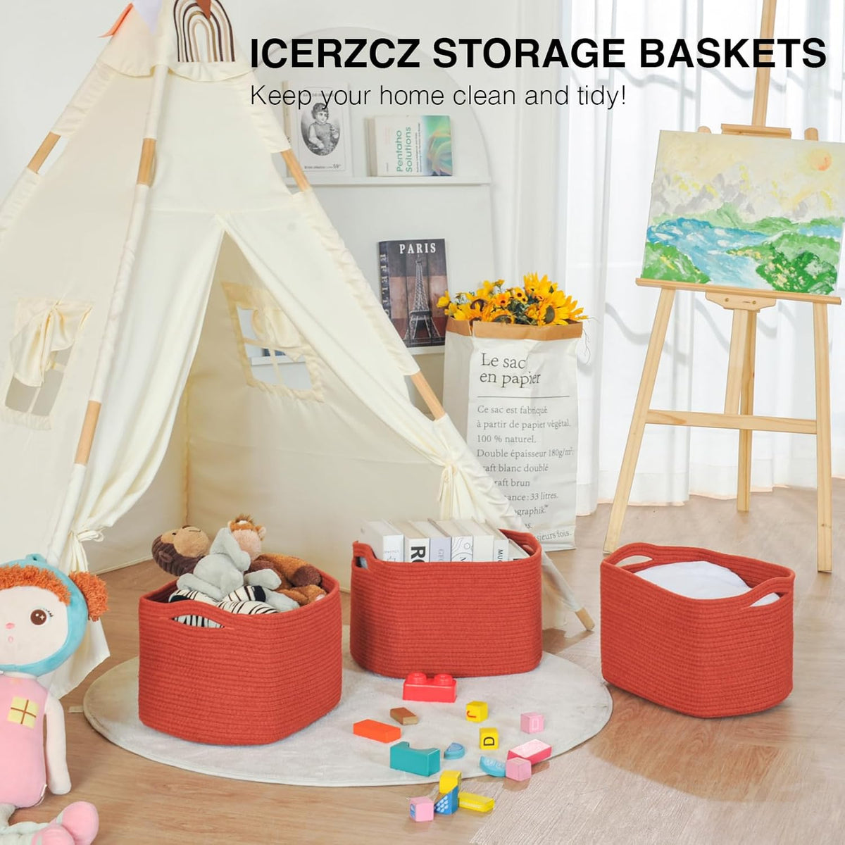 Storage Baskets for Organizing Shelves, Woven Cotton Rope Bins for Baby Nursery Organization, Book Toy Towel Organizer, 15"x11"x9.5", 3 Packs, Dark Brown