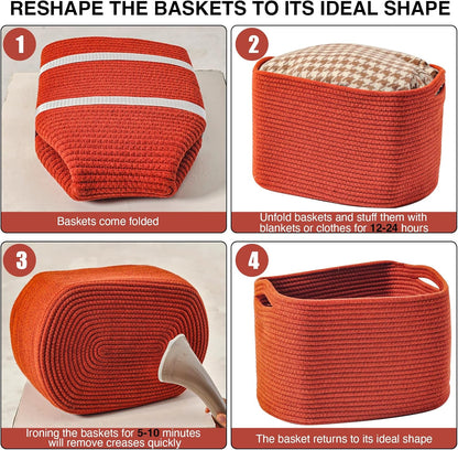 Storage Baskets for Organizing Shelves, Woven Cotton Rope Bins for Baby Nursery Organization, Book Toy Towel Organizer, 15"x11"x9.5", 3 Packs, Dark Brown