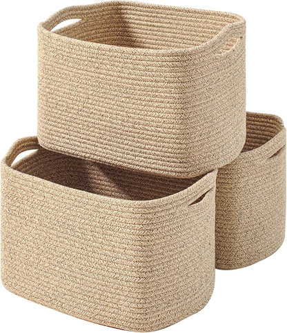Storage Baskets for Organizing Shelves, Woven Cotton Rope Bins for Baby Nursery Organization, Book Toy Towel Organizer, 15"x11"x9.5", 3 Packs, Dark Brown