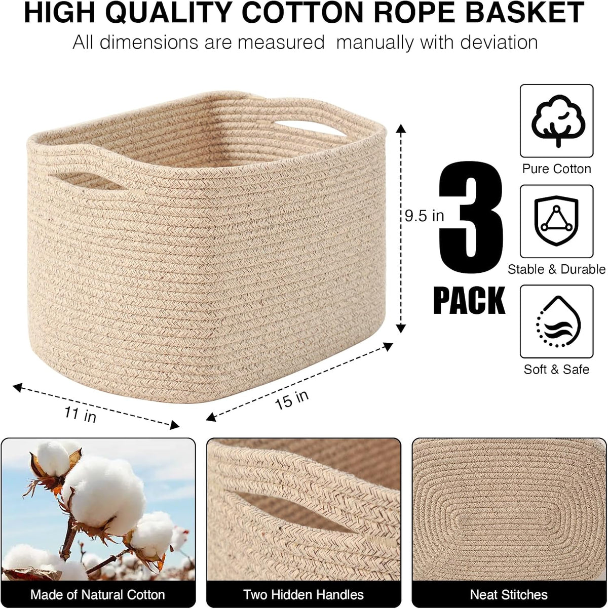 Storage Baskets for Organizing Shelves, Woven Cotton Rope Bins for Baby Nursery Organization, Book Toy Towel Organizer, 15"x11"x9.5", 3 Packs, Dark Brown