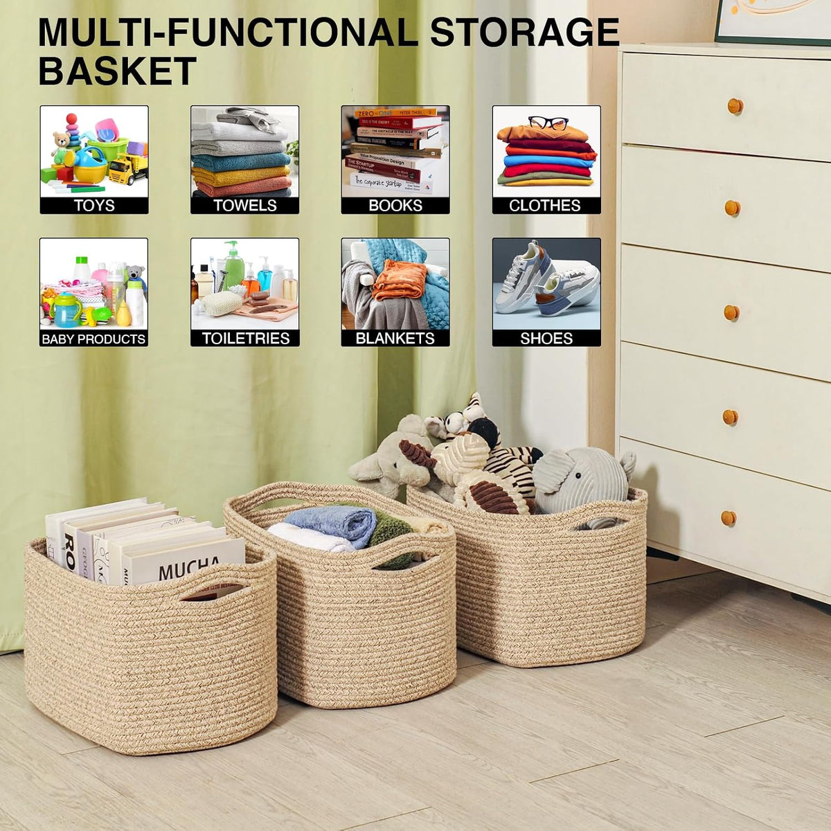 Storage Baskets for Organizing Shelves, Woven Cotton Rope Bins for Baby Nursery Organization, Book Toy Towel Organizer, 15"x11"x9.5", 3 Packs, Dark Brown