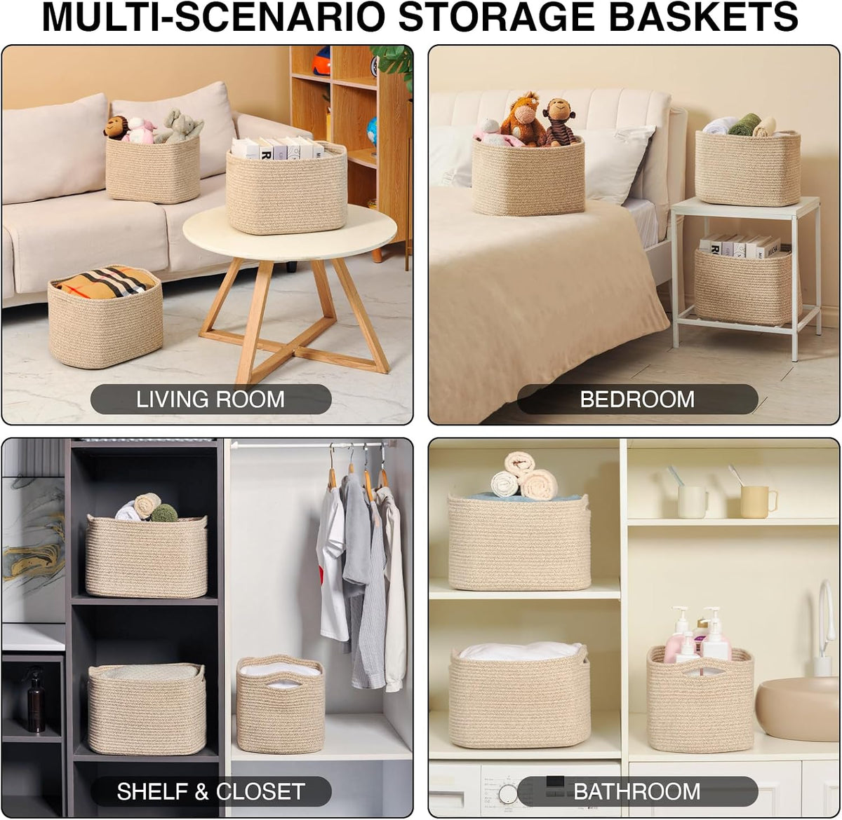 Storage Baskets for Organizing Shelves, Woven Cotton Rope Bins for Baby Nursery Organization, Book Toy Towel Organizer, 15"x11"x9.5", 3 Packs, Dark Brown
