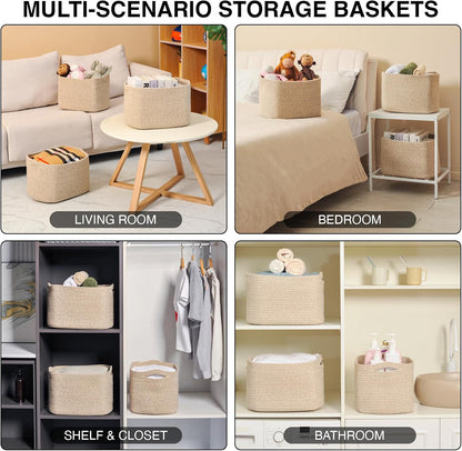 Storage Baskets for Organizing Shelves, Woven Cotton Rope Bins for Baby Nursery Organization, Book Toy Towel Organizer, 15"x11"x9.5", 3 Packs, Dark Brown