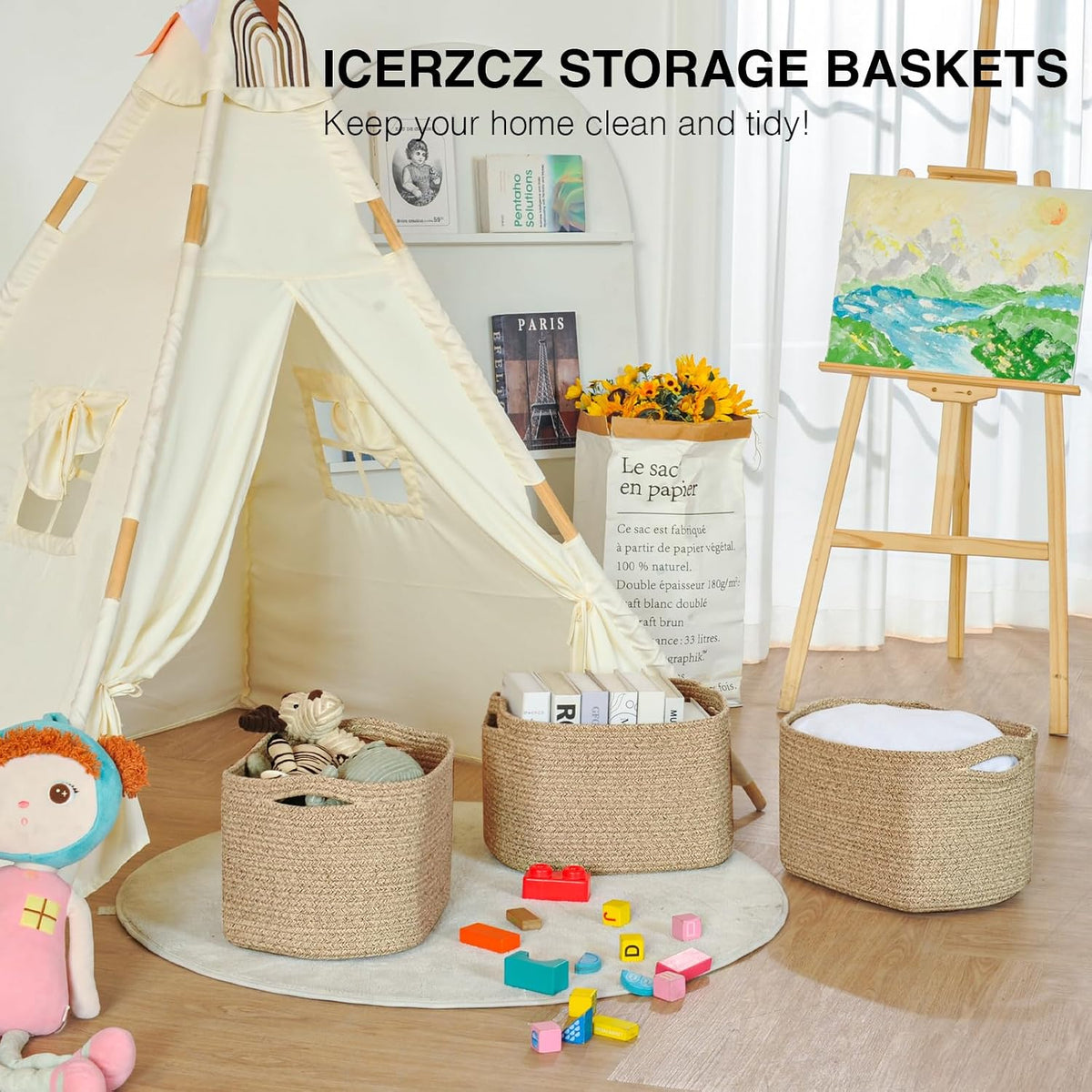 Storage Baskets for Organizing Shelves, Woven Cotton Rope Bins for Baby Nursery Organization, Book Toy Towel Organizer, 15"x11"x9.5", 3 Packs, Dark Brown