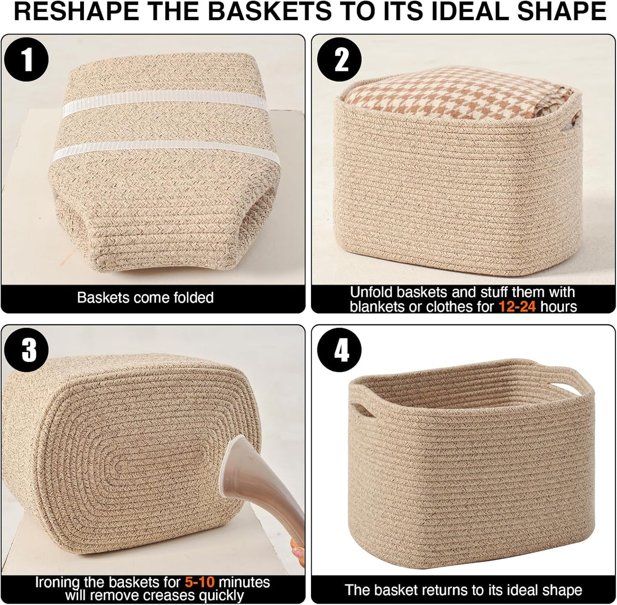 Storage Baskets for Organizing Shelves, Woven Cotton Rope Bins for Baby Nursery Organization, Book Toy Towel Organizer, 15"x11"x9.5", 3 Packs, Dark Brown