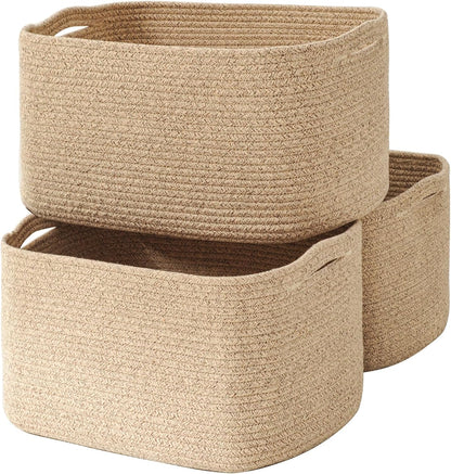 Storage Baskets for Organizing Shelves, Woven Cotton Rope Bins for Baby Nursery Organization, Book Toy Towel Organizer, 15"x11"x9.5", 3 Packs, Dark Brown