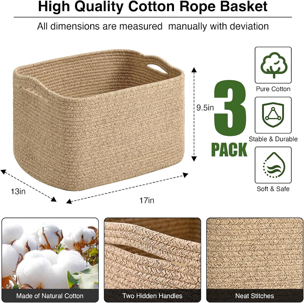 Storage Baskets for Organizing Shelves, Woven Cotton Rope Bins for Baby Nursery Organization, Book Toy Towel Organizer, 15"x11"x9.5", 3 Packs, Dark Brown