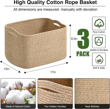Storage Baskets for Organizing Shelves, Woven Cotton Rope Bins for Baby Nursery Organization, Book Toy Towel Organizer, 15"x11"x9.5", 3 Packs, Dark Brown