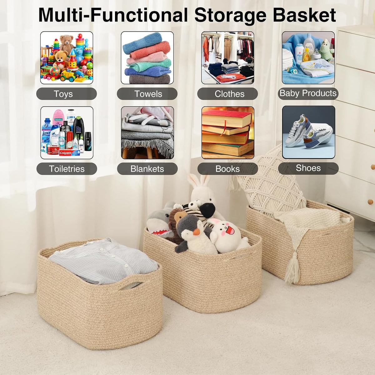 Storage Baskets for Organizing Shelves, Woven Cotton Rope Bins for Baby Nursery Organization, Book Toy Towel Organizer, 15"x11"x9.5", 3 Packs, Dark Brown