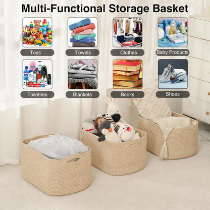 Storage Baskets for Organizing Shelves, Woven Cotton Rope Bins for Baby Nursery Organization, Book Toy Towel Organizer, 15"x11"x9.5", 3 Packs, Dark Brown