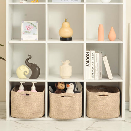 Storage Baskets for Organizing Shelves, Woven Cotton Rope Bins for Baby Nursery Organization, Book Toy Towel Organizer, 15"x11"x9.5", 3 Packs, Dark Brown