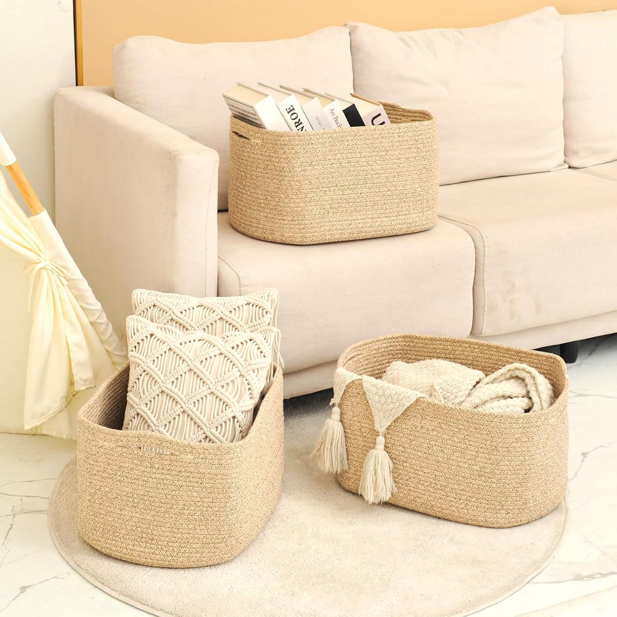 Storage Baskets for Organizing Shelves, Woven Cotton Rope Bins for Baby Nursery Organization, Book Toy Towel Organizer, 15"x11"x9.5", 3 Packs, Dark Brown