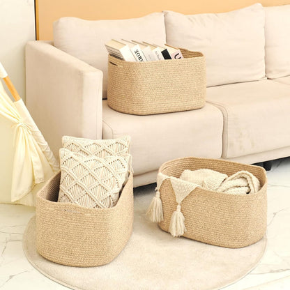 Storage Baskets for Organizing Shelves, Woven Cotton Rope Bins for Baby Nursery Organization, Book Toy Towel Organizer, 15"x11"x9.5", 3 Packs, Dark Brown