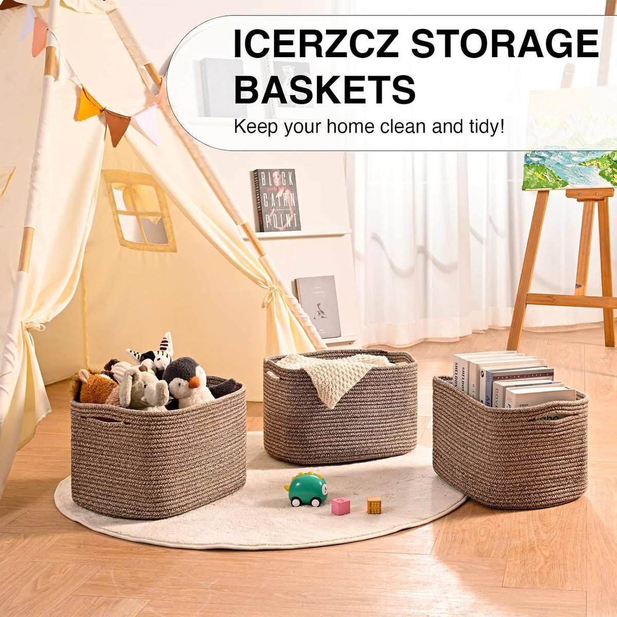 Storage Baskets for Organizing Shelves, Woven Cotton Rope Bins for Baby Nursery Organization, Book Toy Towel Organizer, 15"x11"x9.5", 3 Packs, Dark Brown