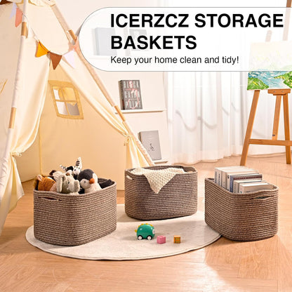 Storage Baskets for Organizing Shelves, Woven Cotton Rope Bins for Baby Nursery Organization, Book Toy Towel Organizer, 15"x11"x9.5", 3 Packs, Dark Brown