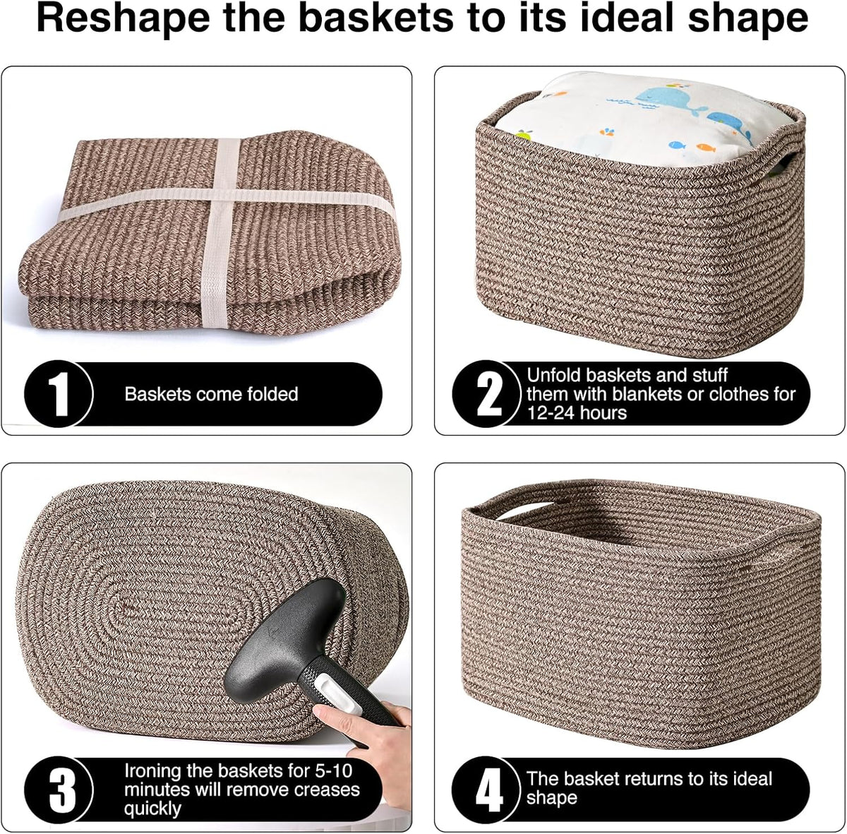 Storage Baskets for Organizing Shelves, Woven Cotton Rope Bins for Baby Nursery Organization, Book Toy Towel Organizer, 15"x11"x9.5", 3 Packs, Dark Brown
