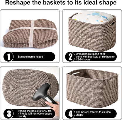 Storage Baskets for Organizing Shelves, Woven Cotton Rope Bins for Baby Nursery Organization, Book Toy Towel Organizer, 15"x11"x9.5", 3 Packs, Dark Brown
